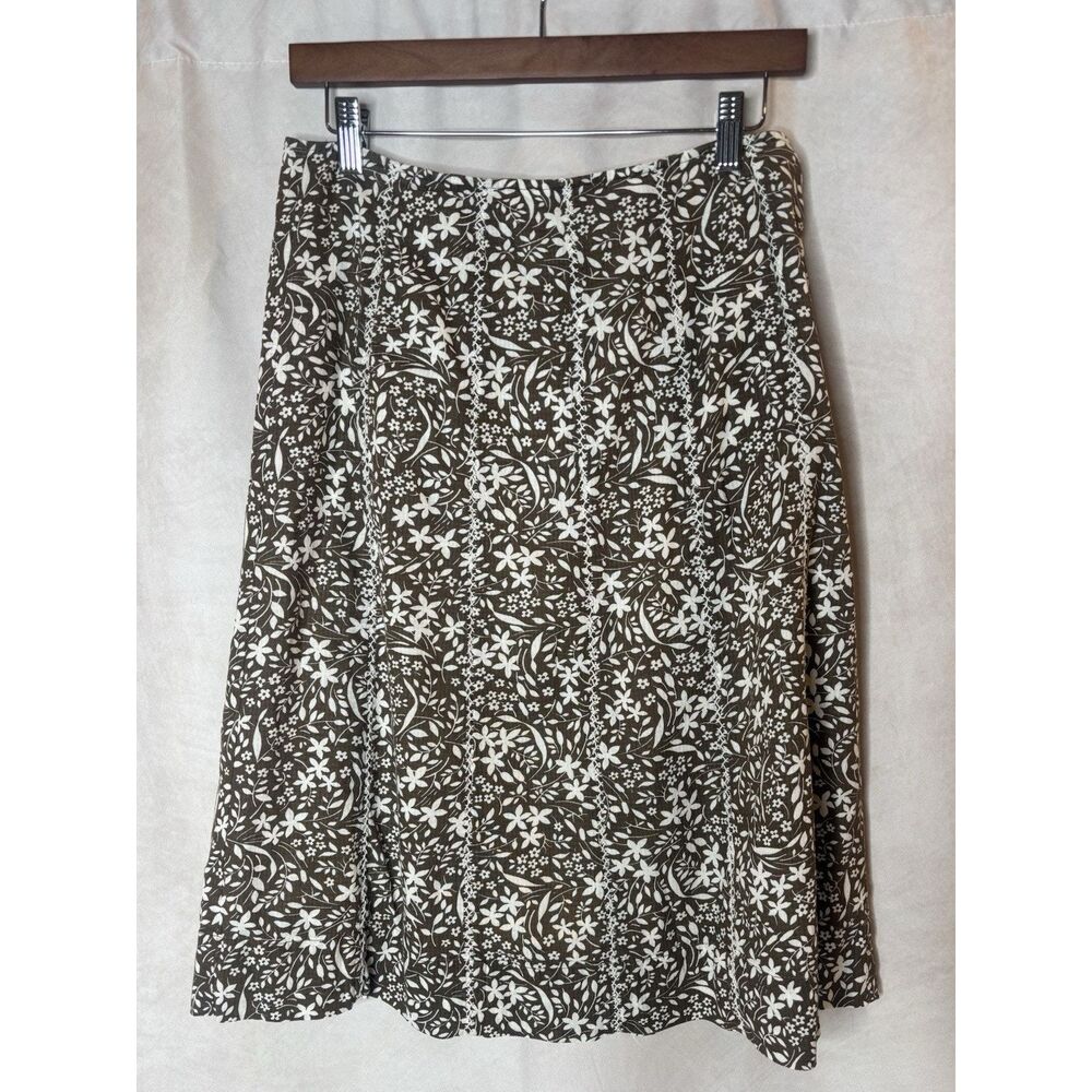 Eddie Bauer Floral Skirt Size 2 Brown Cotton Linen A-Line Womens